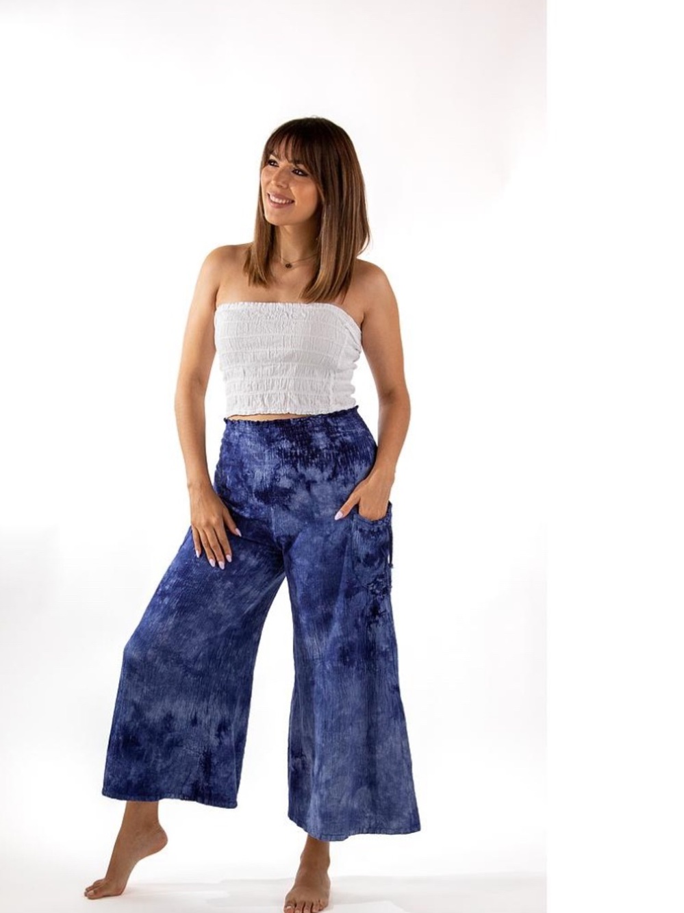 Dunes Relaxed Fashion Tie-Dye Blue Wide-Leg Cotton Gauze pants . XL